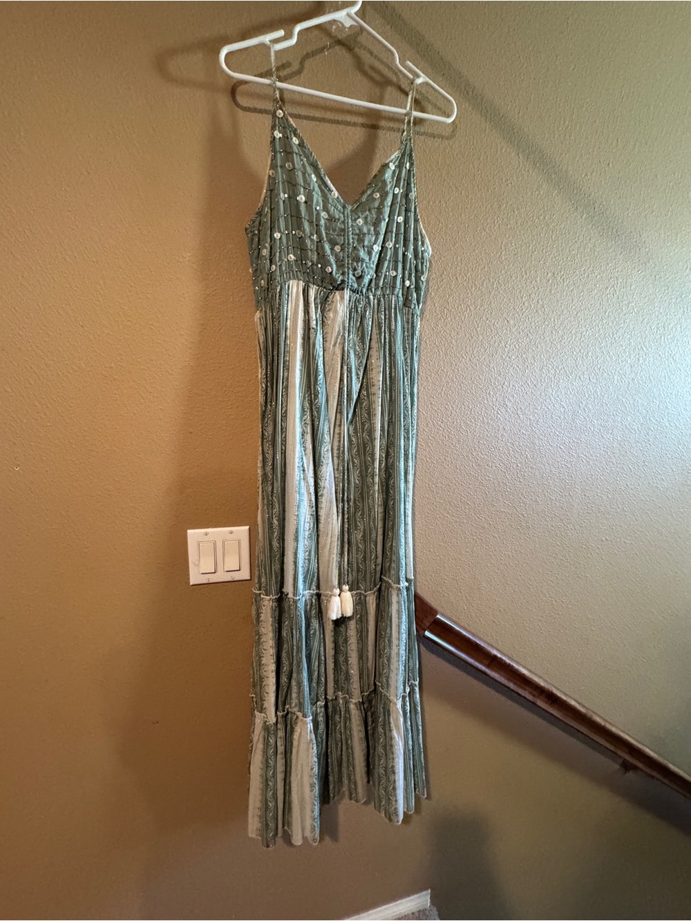 Green Patterned Maxi Dress with Tassel Detail